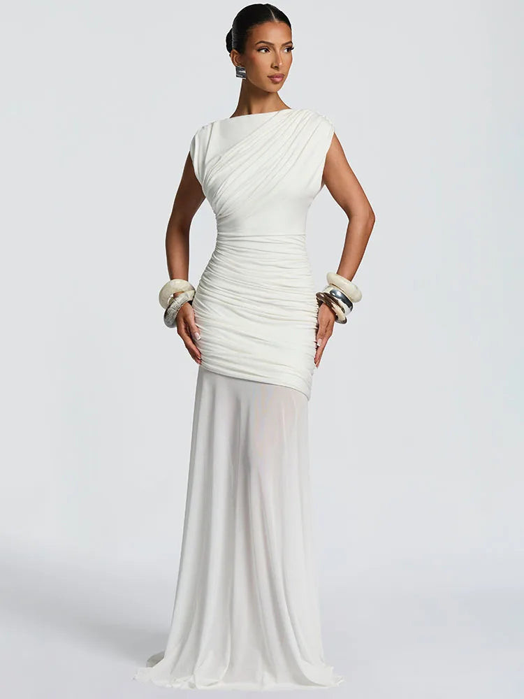 Women’s Sleeveless Maxi Dress – Elegant Mesh Patchwork Evening Gown