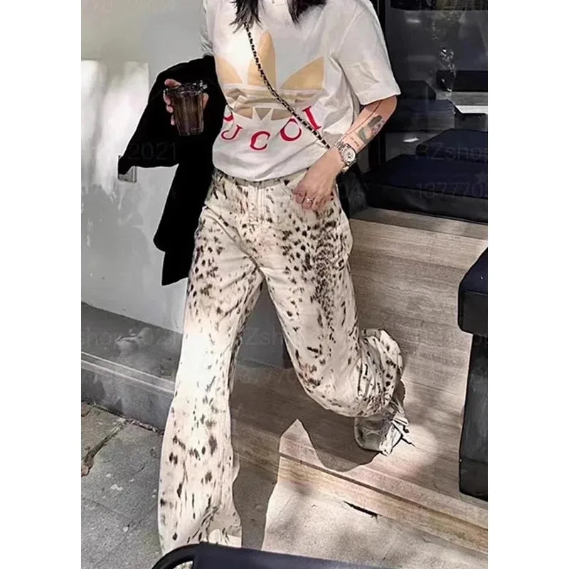 Women’s Leopard Print Jeans – High Waisted Wide Leg Denim