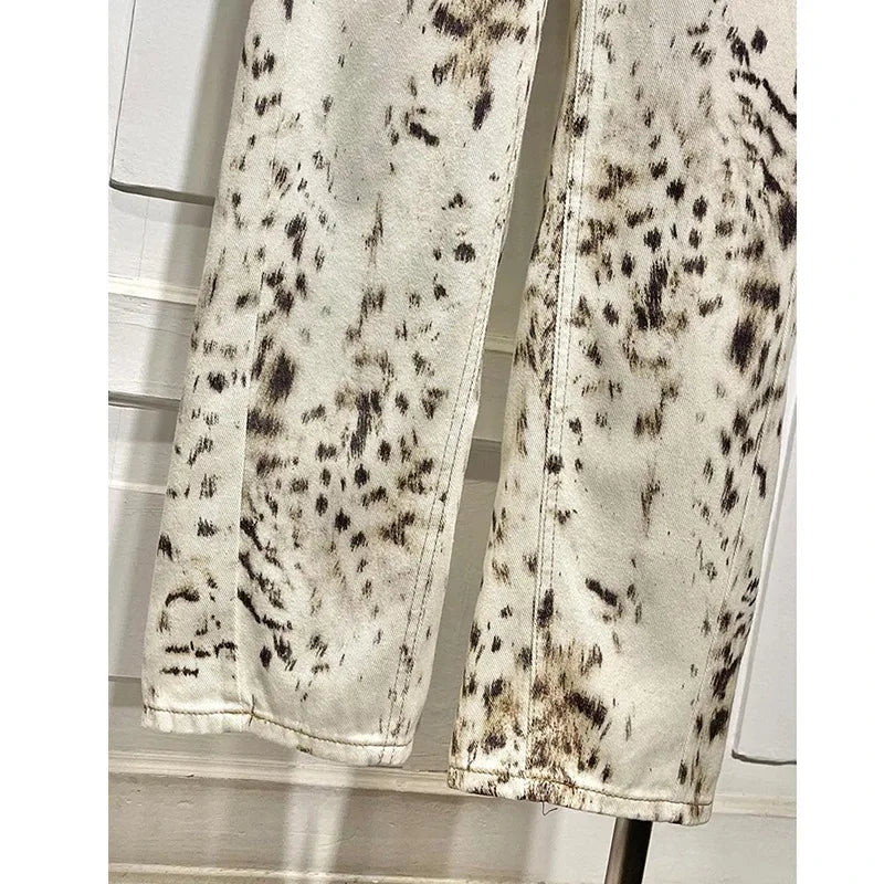 Women’s Leopard Print Jeans – High Waisted Wide Leg Denim