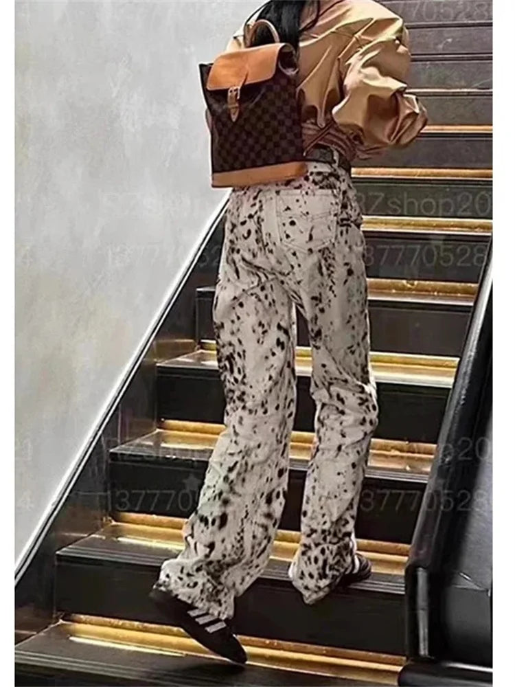Women’s Leopard Print Jeans – High Waisted Wide Leg Denim