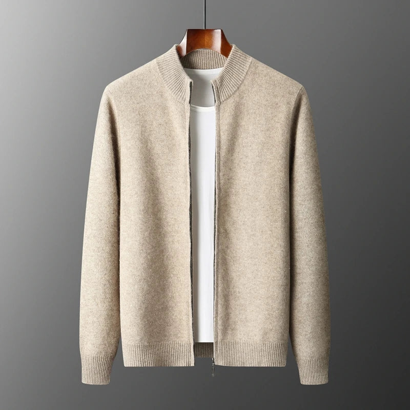 Men’s Merino Wool Sweater – Thick Zippered Mock Collar Cardigan
