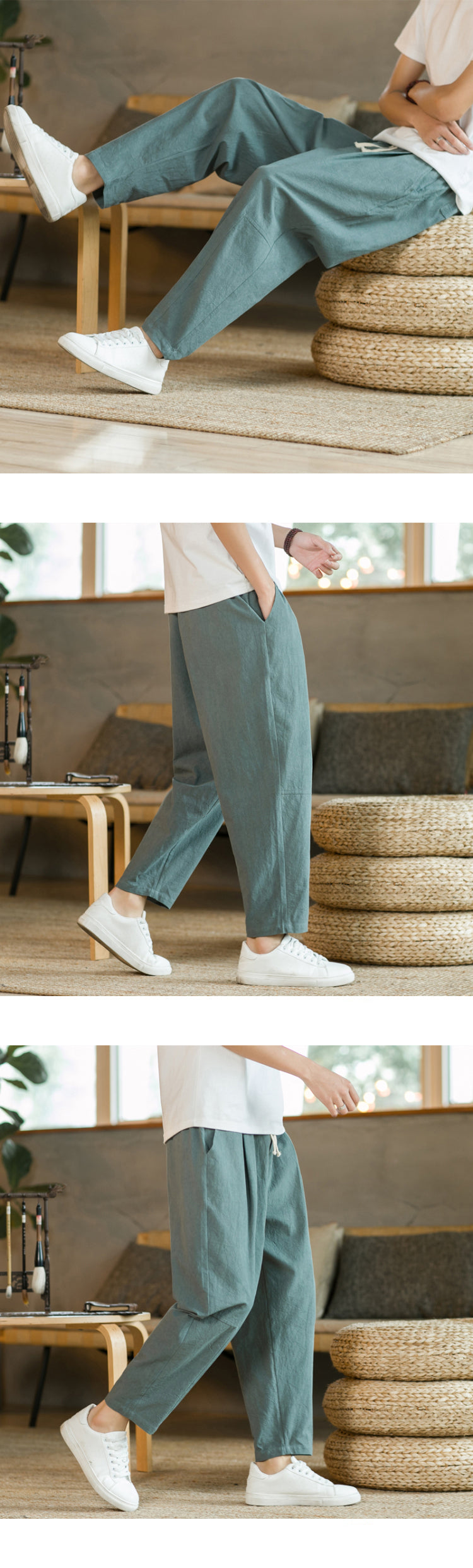 Men’s Cotton Linen Casual Pants, Breathable Straight-Leg Drawstring Trousers