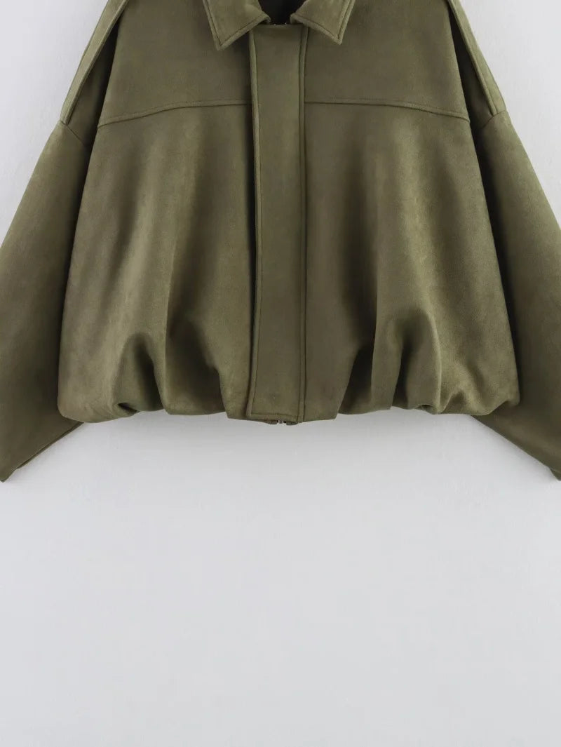 Women’s Suede Bomber Jacket – Loose Fit Lapel Spring 2025