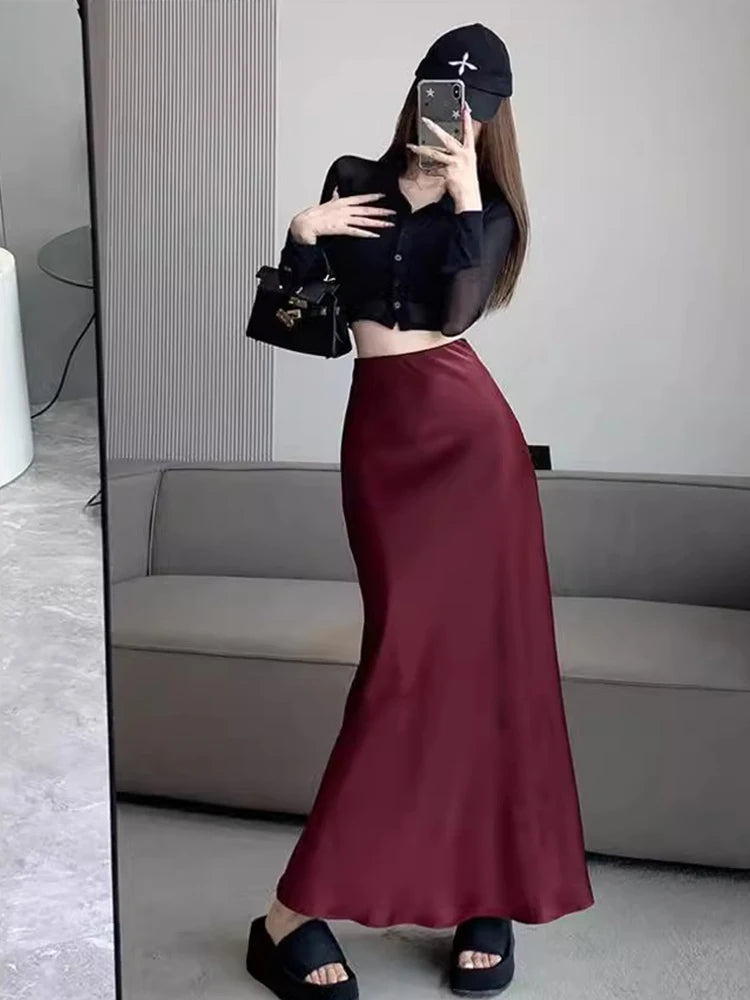 Women’s Black Satin Midi Skirt, High Waist Elegant Summer Office Wear