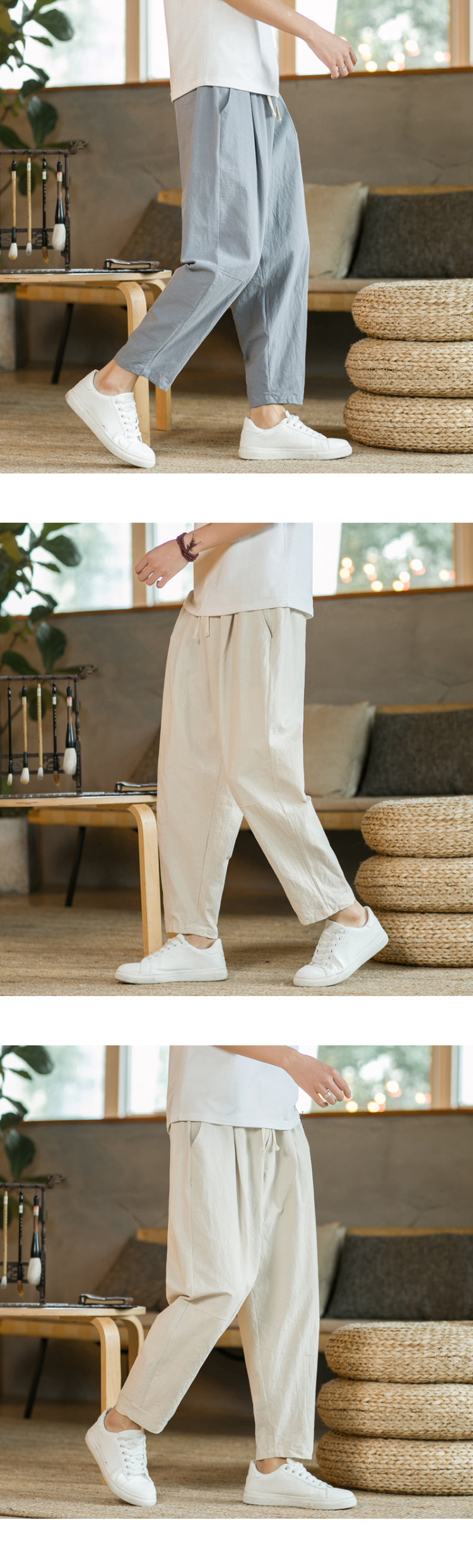 Men’s Cotton Linen Casual Pants, Breathable Straight-Leg Drawstring Trousers