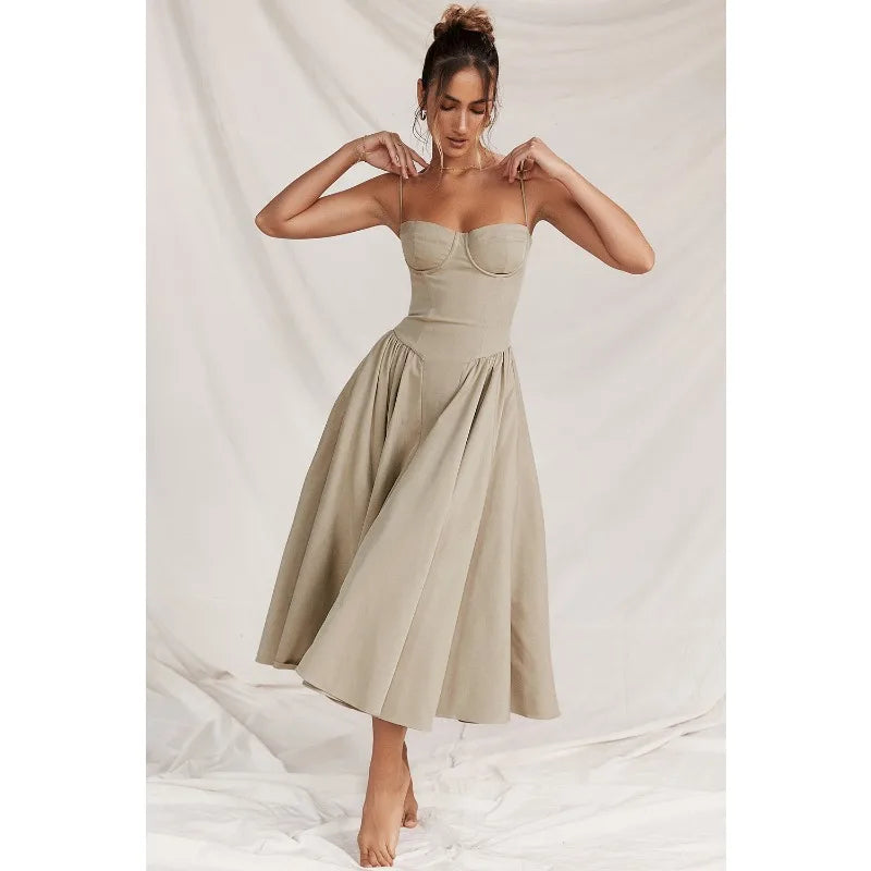 Women’s Summer Retro Long Dress, French Palace Style Suspender Skirt