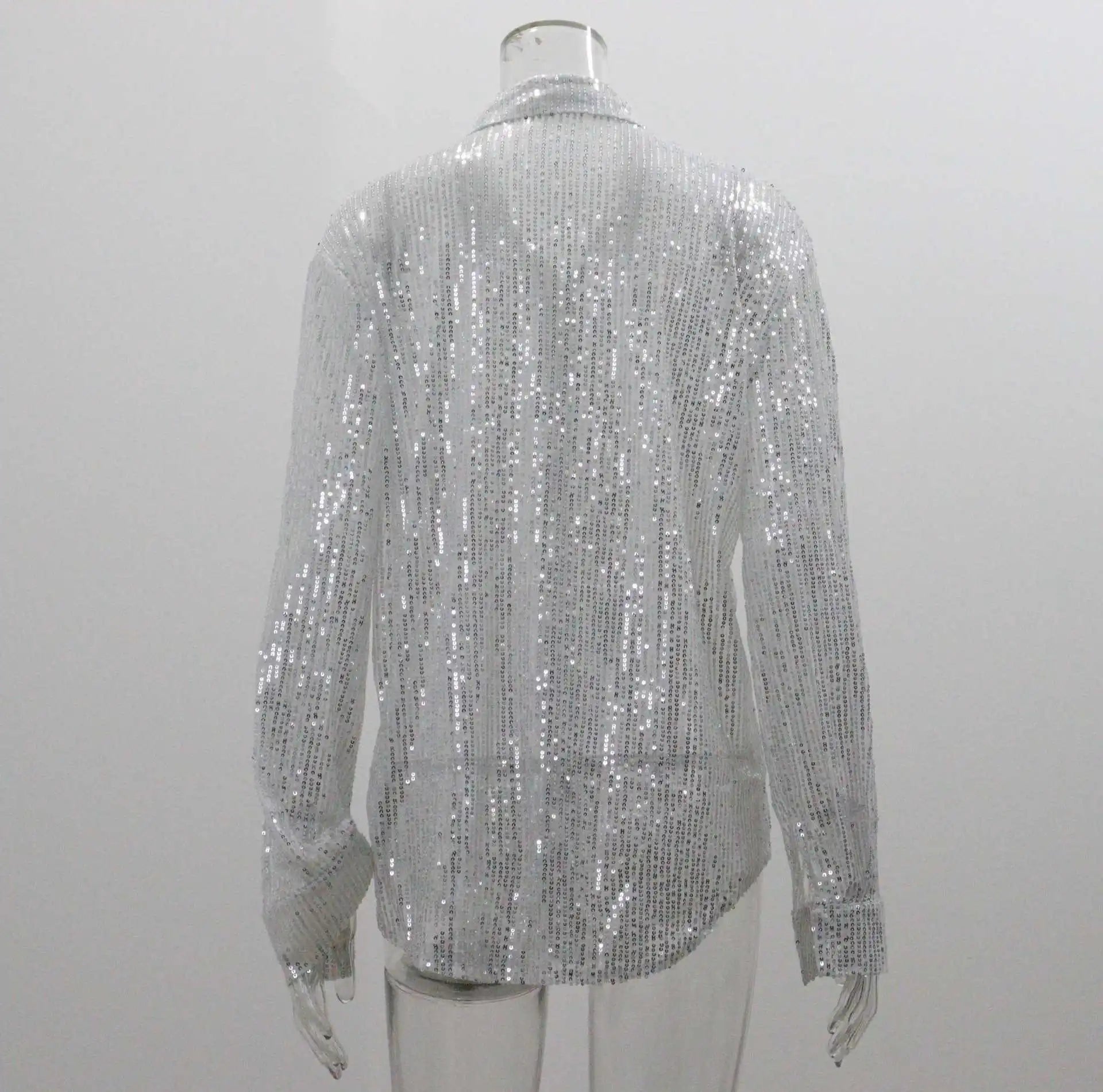 Women’s Sequin Blouse – Silver Glitter Long Sleeve Party Shirt