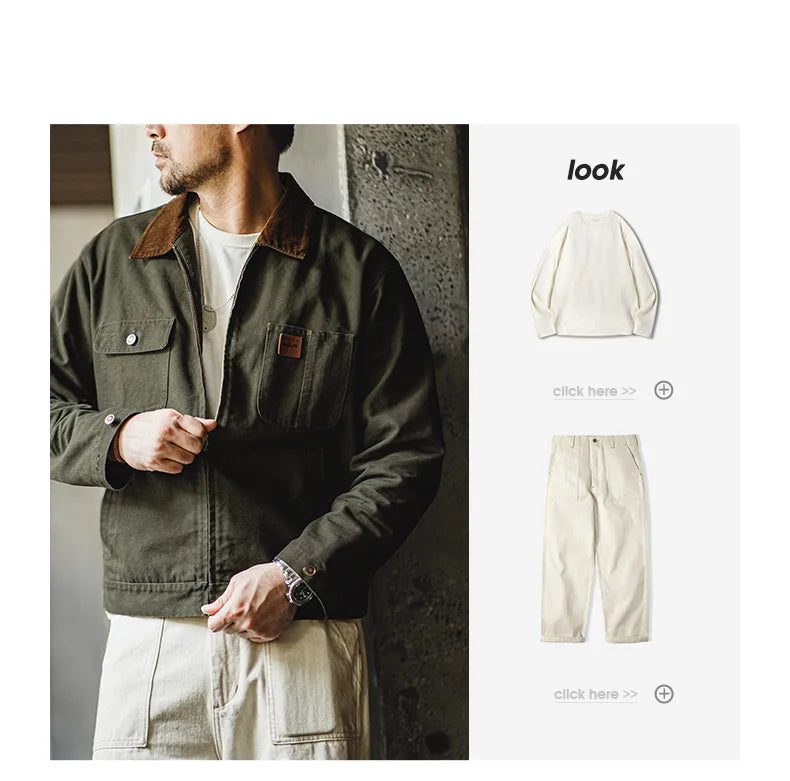 Men’s Retro Canvas Jacket – Heavyweight Detroit Zip-Up with Corduroy Collar