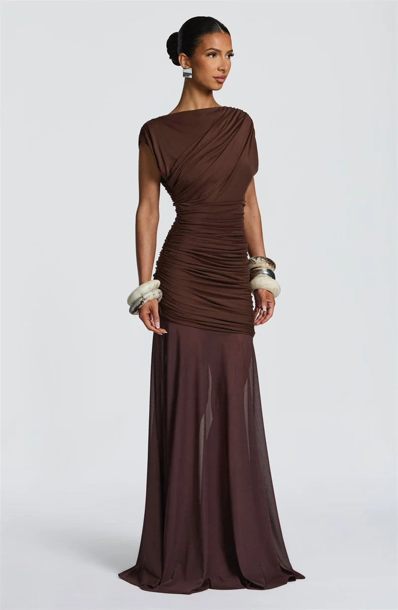 Women’s Sleeveless Maxi Dress – Elegant Mesh Patchwork Evening Gown