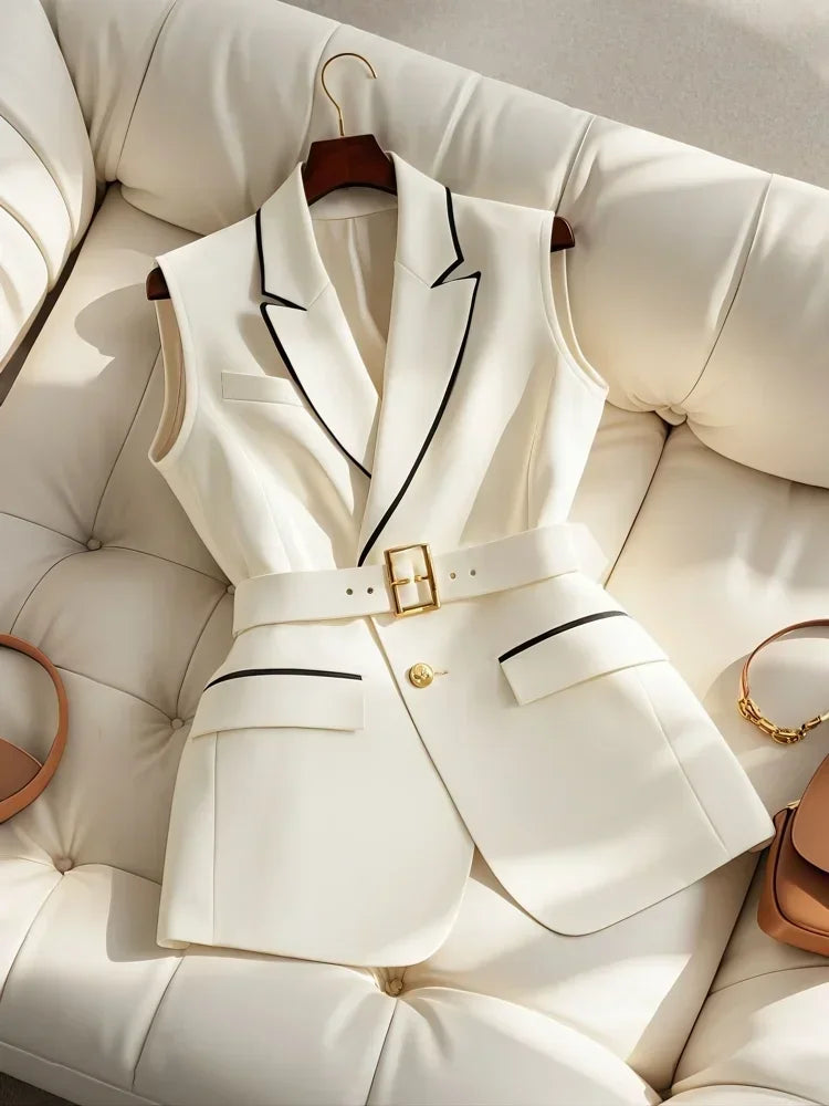 Women’s White Suit Vest – Elegant Slim Sleeveless Office Top