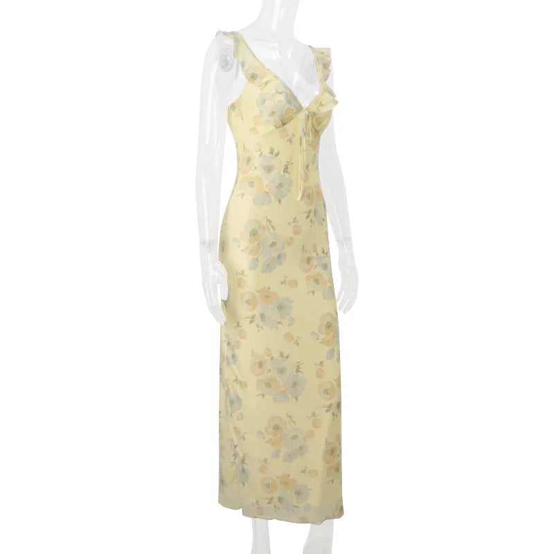 Women’s Floral Plunge Maxi Dress – Backless Summer Beachwear