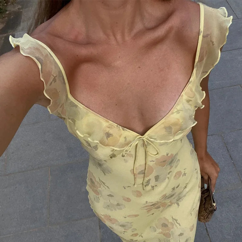Women’s Floral Plunge Maxi Dress – Backless Summer Beachwear