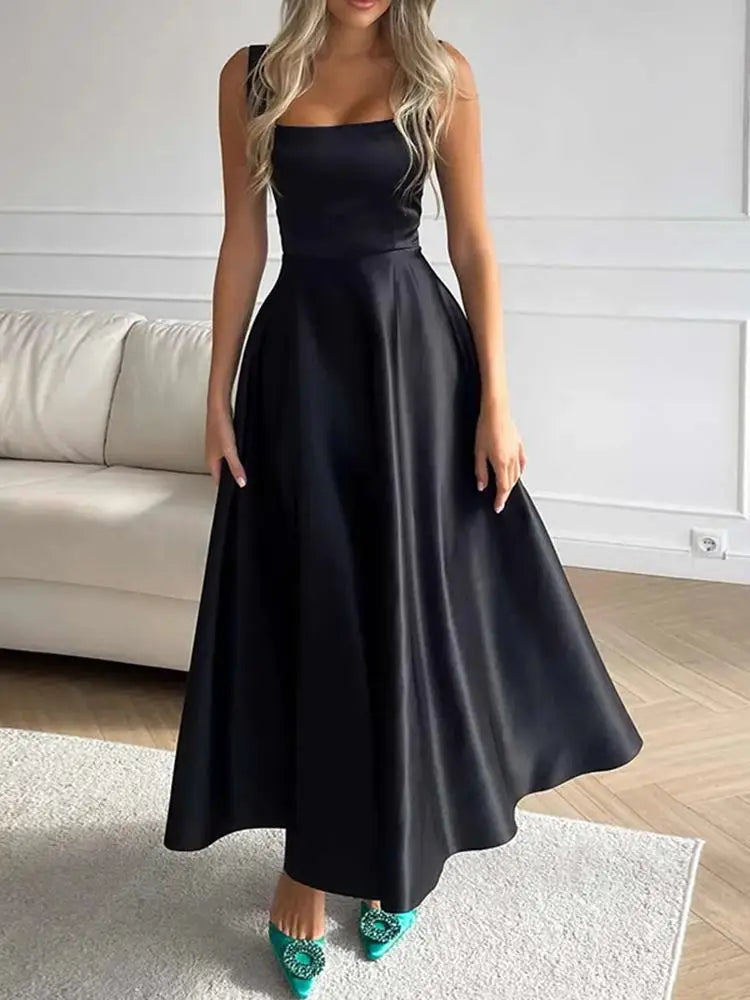 Women’s Satin Maxi Sundress – Square Neck Summer Party Dress