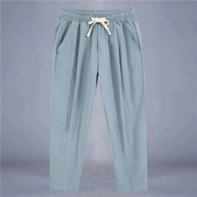 Men’s Cotton Linen Casual Pants, Breathable Straight-Leg Drawstring Trousers
