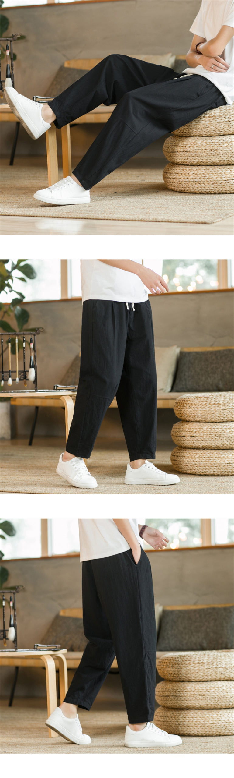 Men’s Cotton Linen Casual Pants, Breathable Straight-Leg Drawstring Trousers