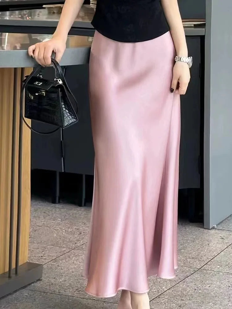 Women’s Black Satin Midi Skirt, High Waist Elegant Summer Office Wear