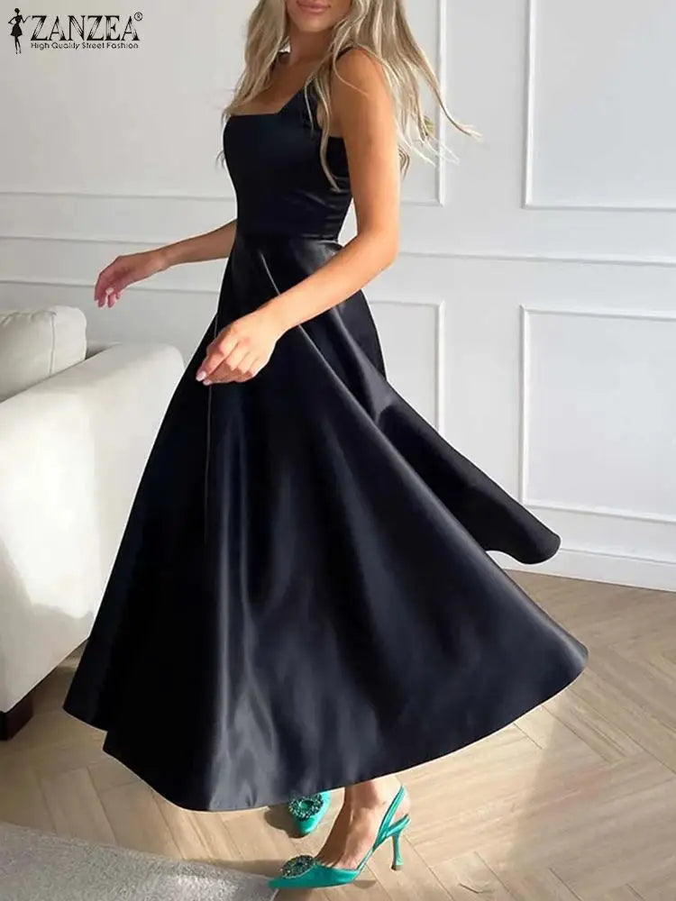 Women’s Satin Maxi Sundress – Square Neck Summer Party Dress