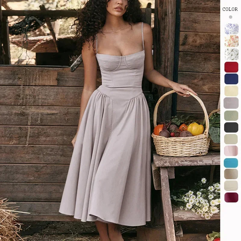 Women’s Summer Retro Long Dress, French Palace Style Suspender Skirt