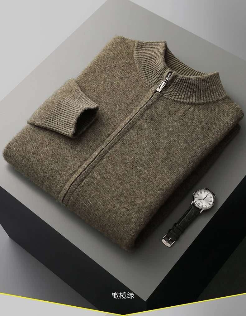 Men’s Merino Wool Sweater – Thick Zippered Mock Collar Cardigan