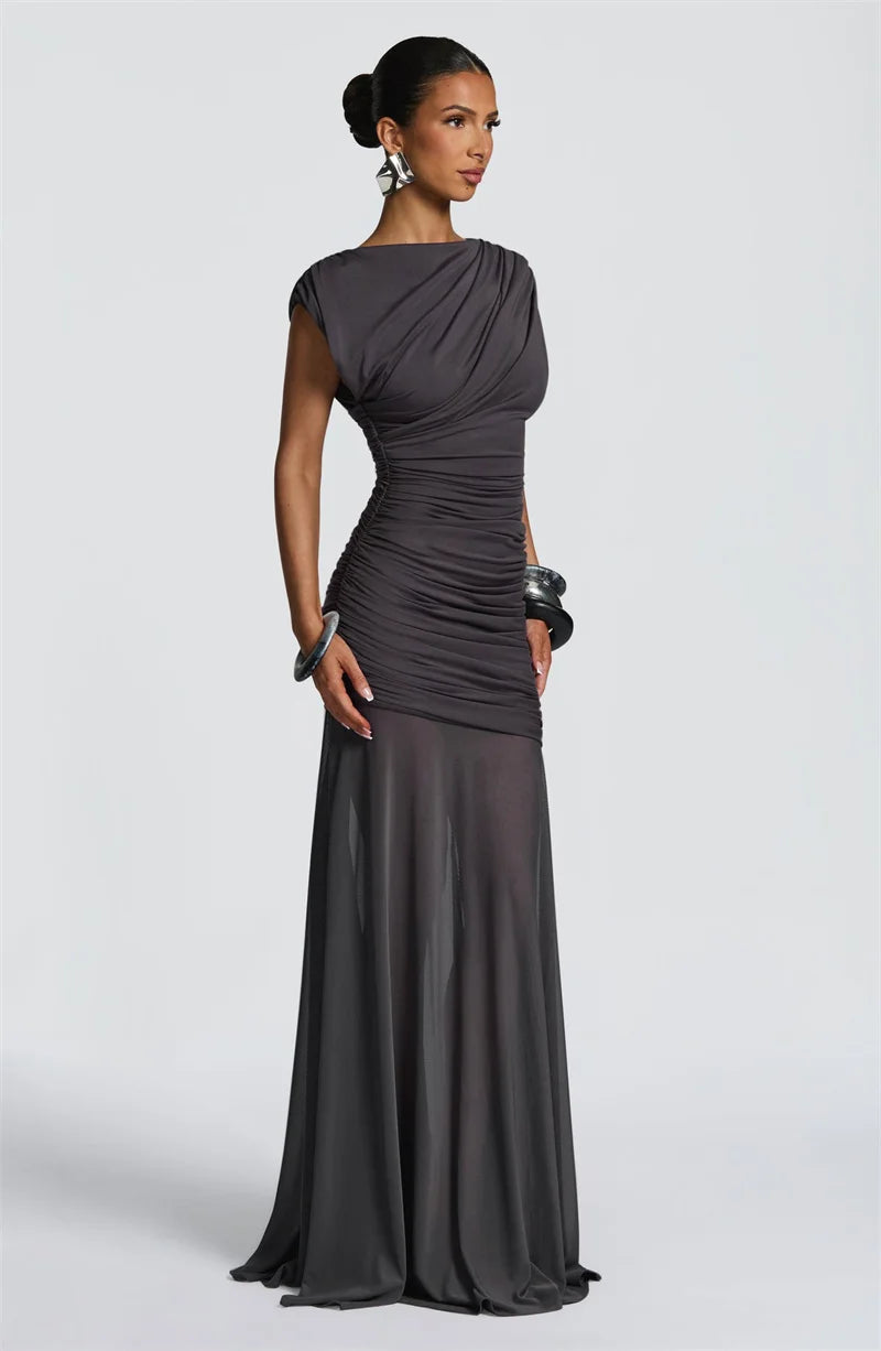 Women’s Sleeveless Maxi Dress – Elegant Mesh Patchwork Evening Gown