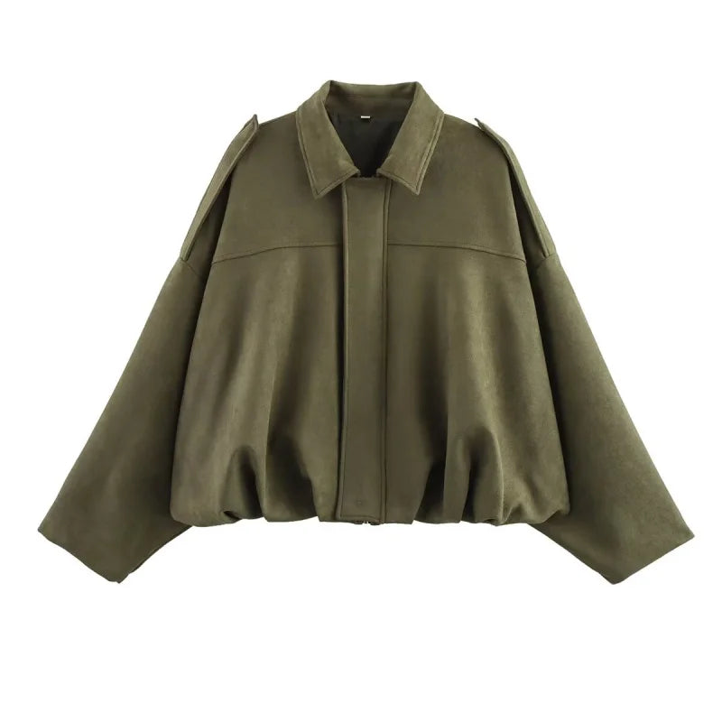Women’s Suede Bomber Jacket – Loose Fit Lapel Spring 2025