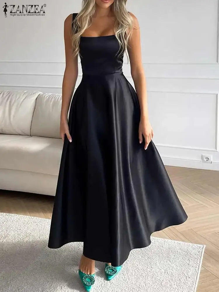 Women’s Satin Maxi Sundress – Square Neck Summer Party Dress