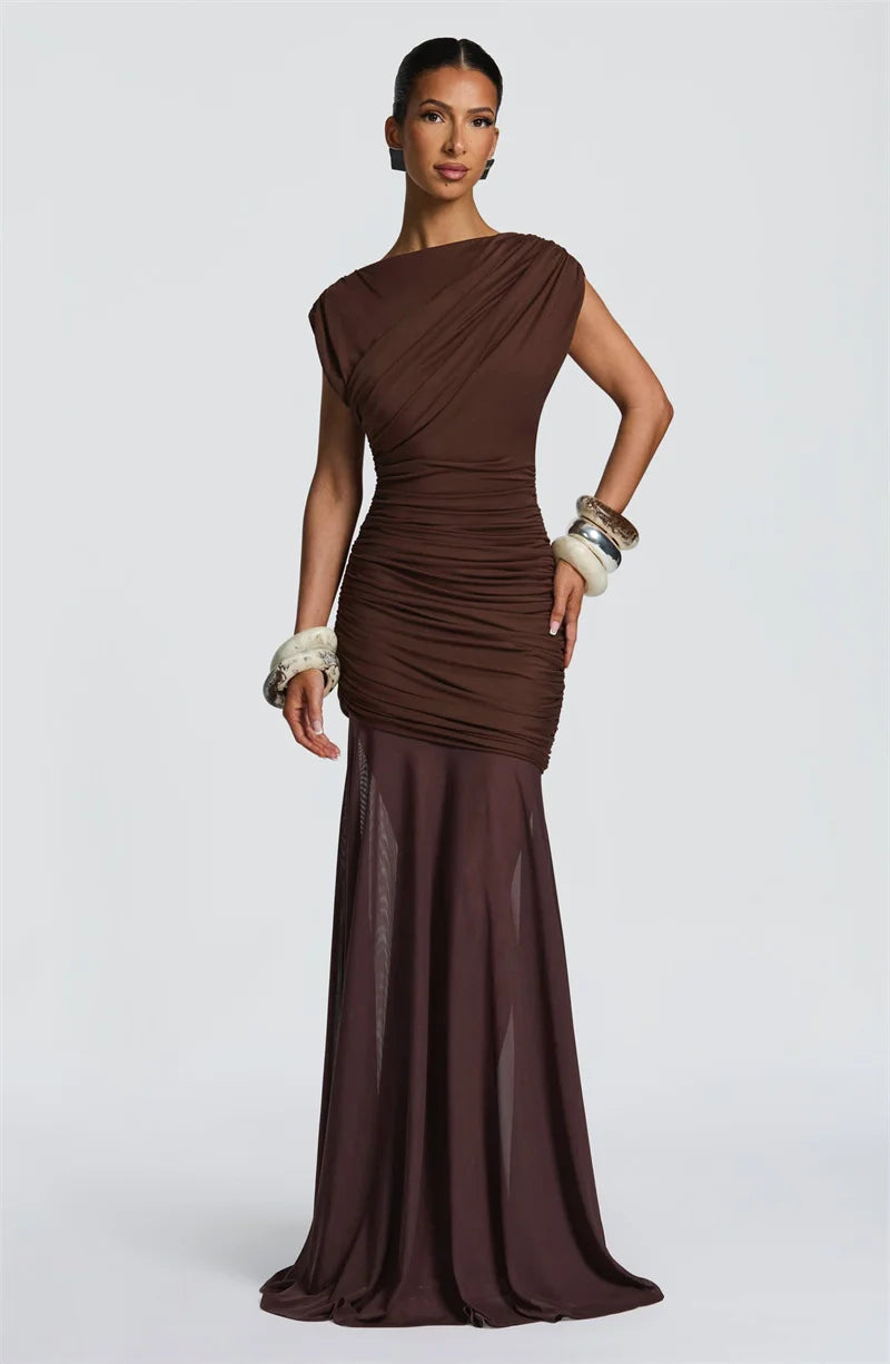 Women’s Sleeveless Maxi Dress – Elegant Mesh Patchwork Evening Gown