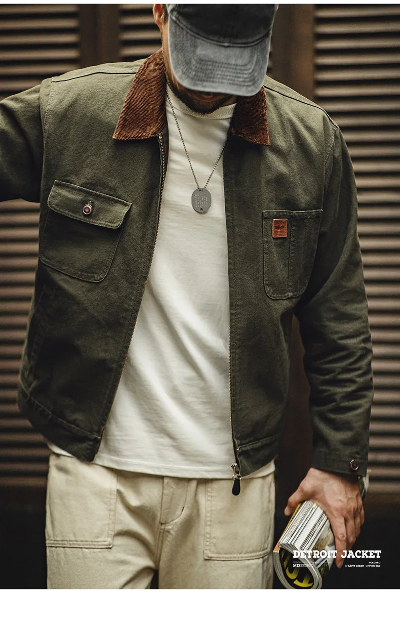 Men’s Retro Canvas Jacket – Heavyweight Detroit Zip-Up with Corduroy Collar