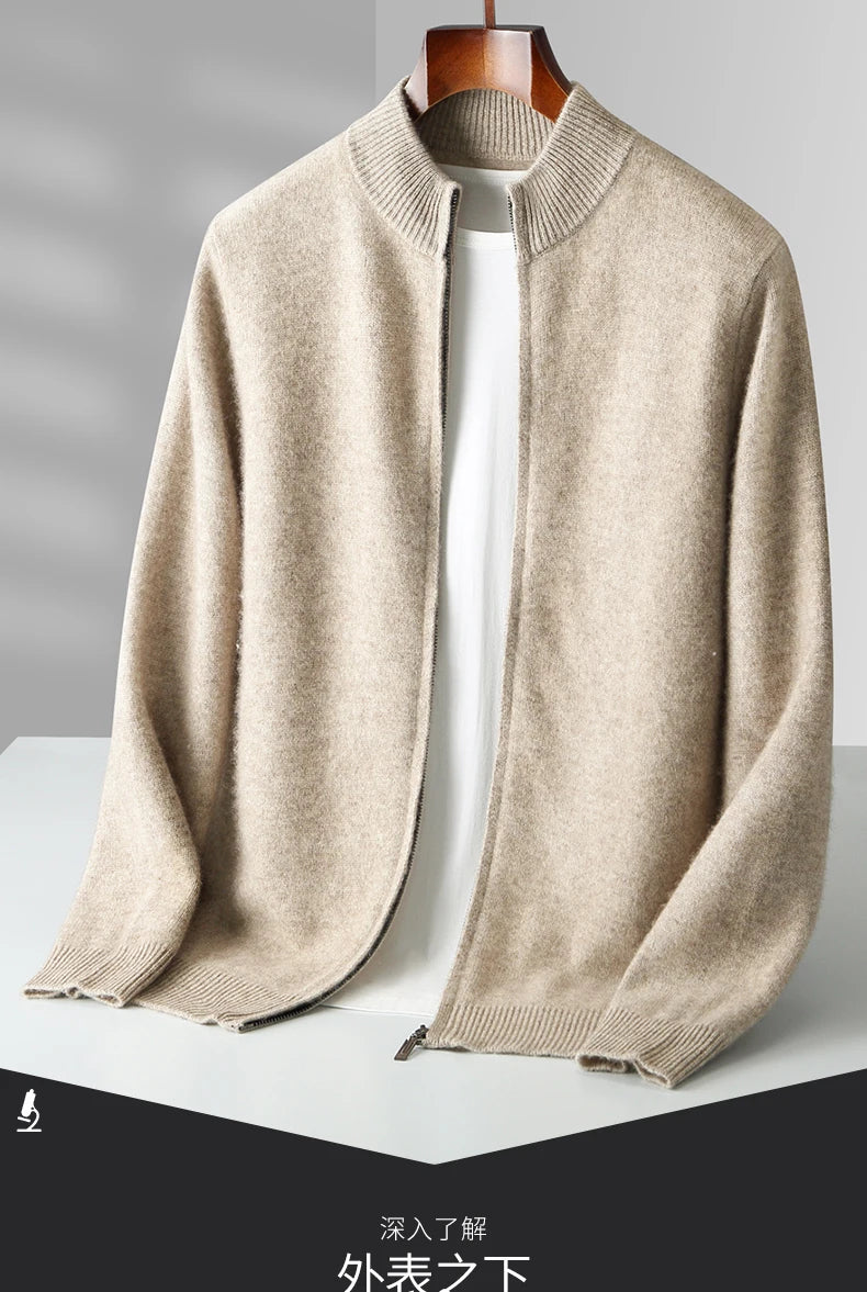 Men’s Merino Wool Sweater – Thick Zippered Mock Collar Cardigan