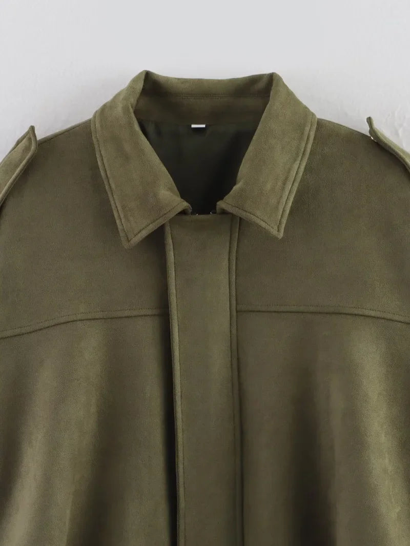 Women’s Suede Bomber Jacket – Loose Fit Lapel Spring 2025
