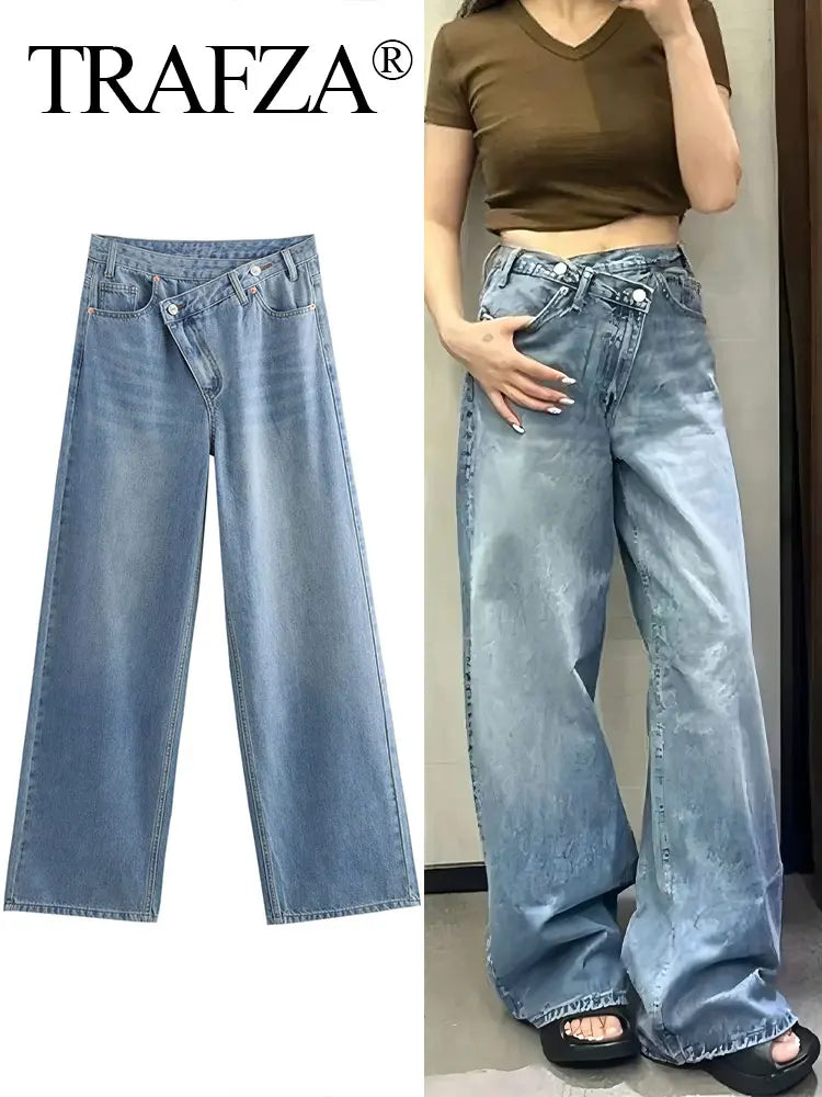 Women’s Asymmetric Denim Trousers – High Waist Wide Leg Jeans 2025