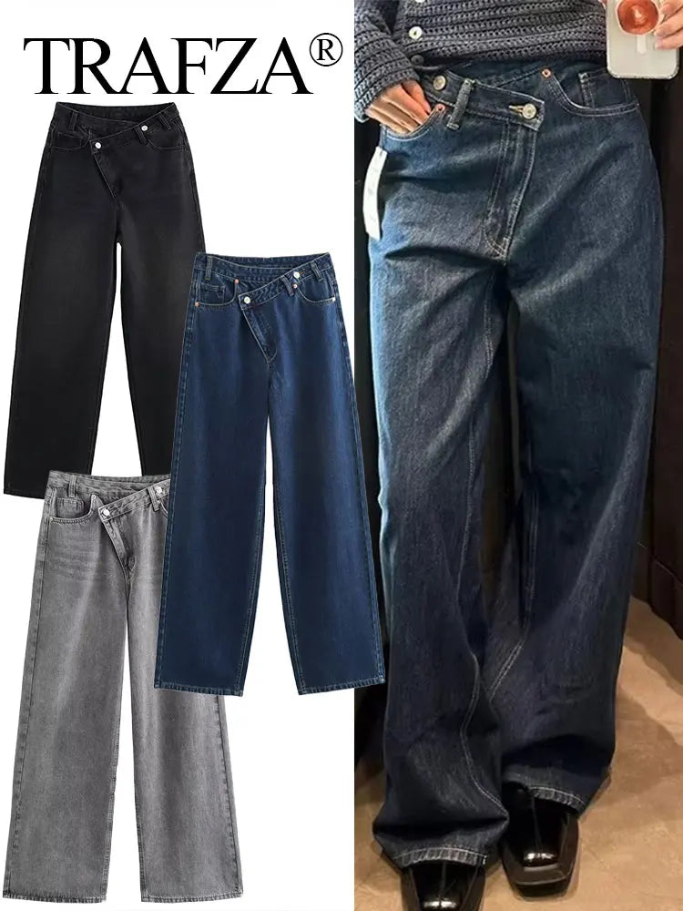 Women’s Asymmetric Denim Trousers – High Waist Wide Leg Jeans 2025