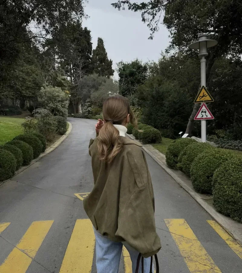 Women’s Suede Bomber Jacket – Loose Fit Lapel Spring 2025