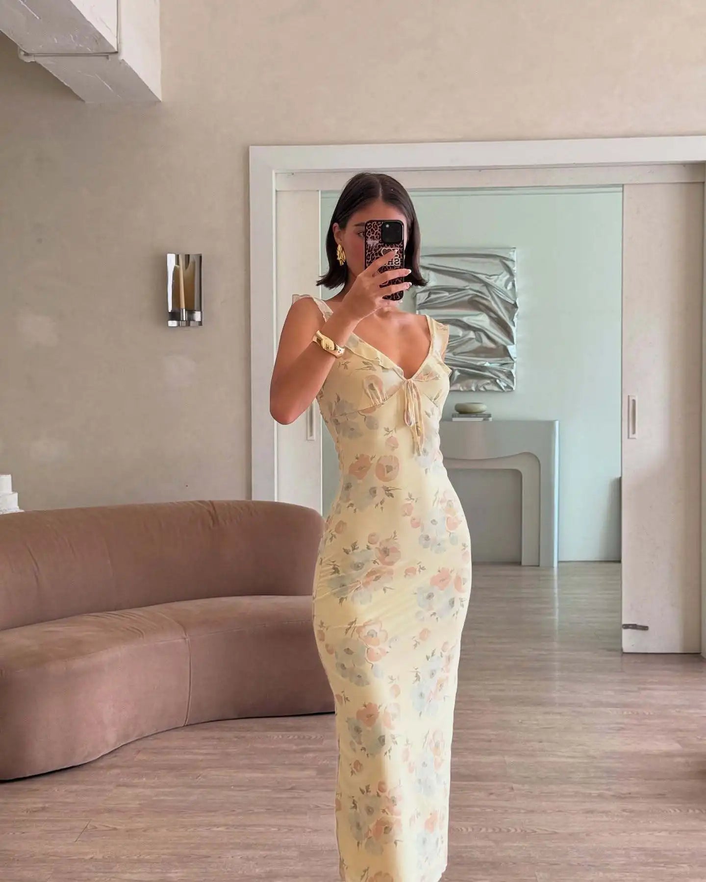 Women’s Floral Plunge Maxi Dress – Backless Summer Beachwear