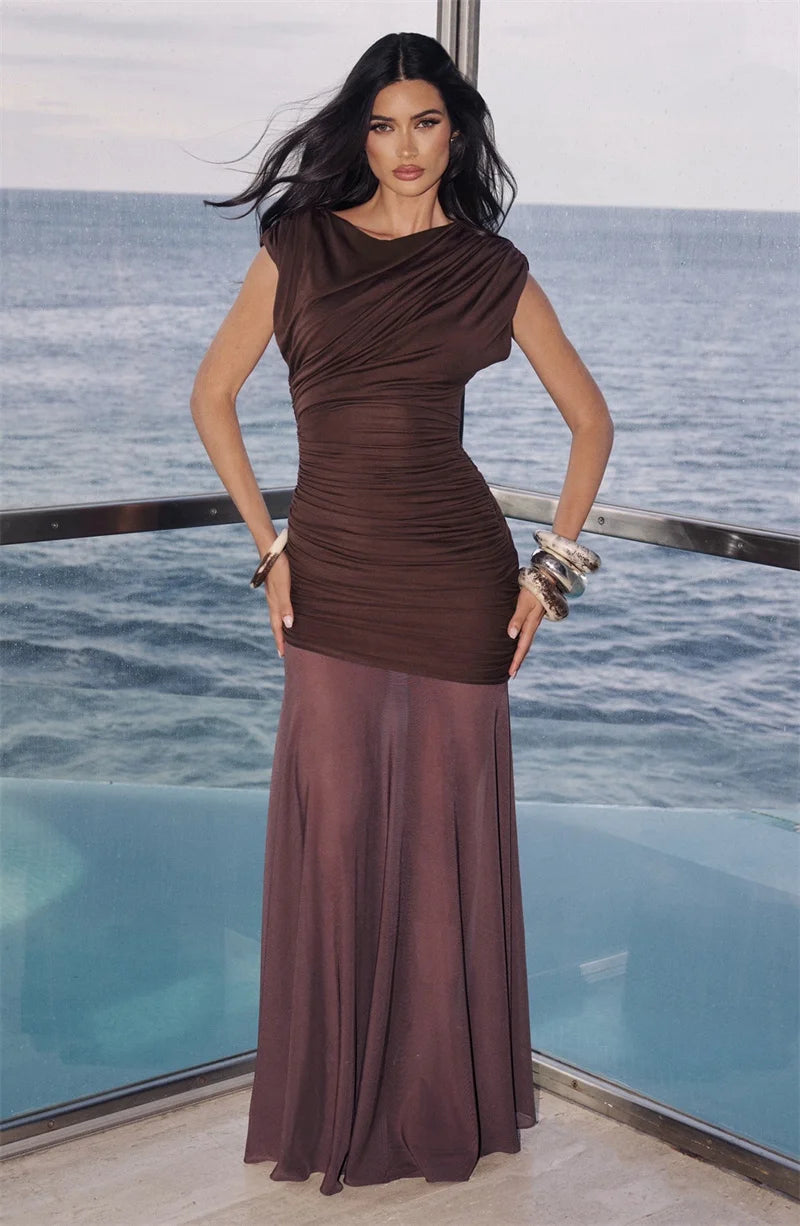 Women’s Sleeveless Maxi Dress – Elegant Mesh Patchwork Evening Gown