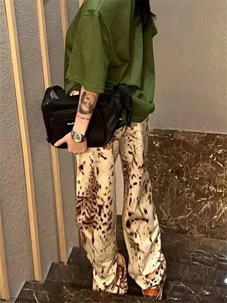 Women’s Leopard Print Jeans – High Waisted Wide Leg Denim