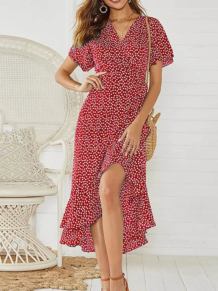 Women’s Floral Boho Maxi Dress, Summer Beach Chiffon Wrap Dress
