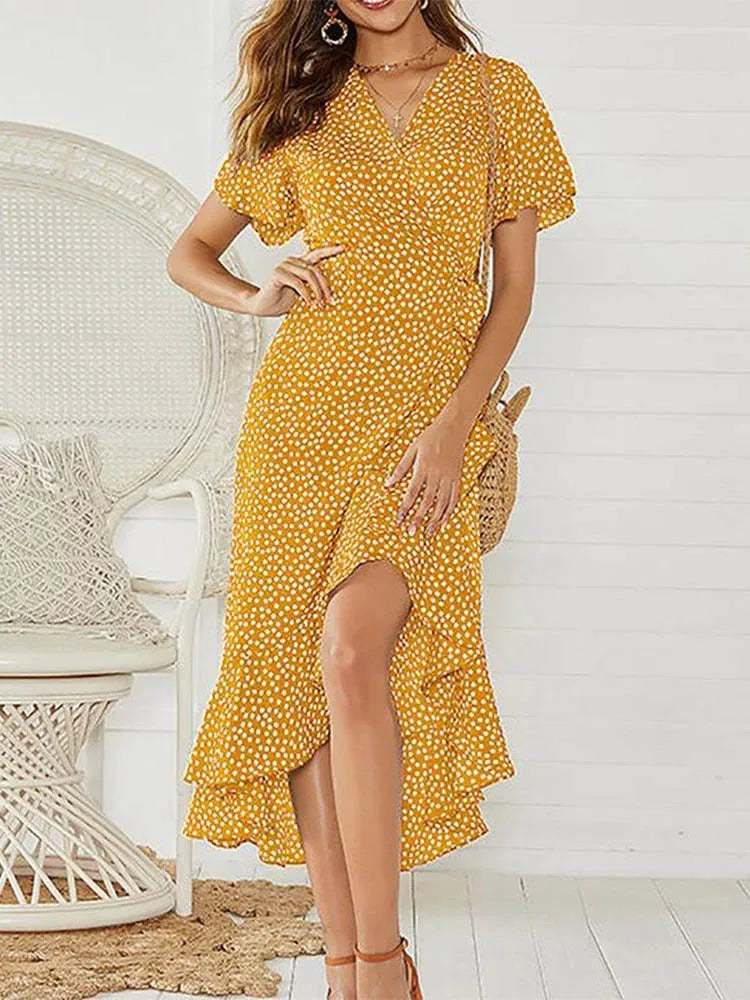 Women’s Floral Boho Maxi Dress, Summer Beach Chiffon Wrap Dress