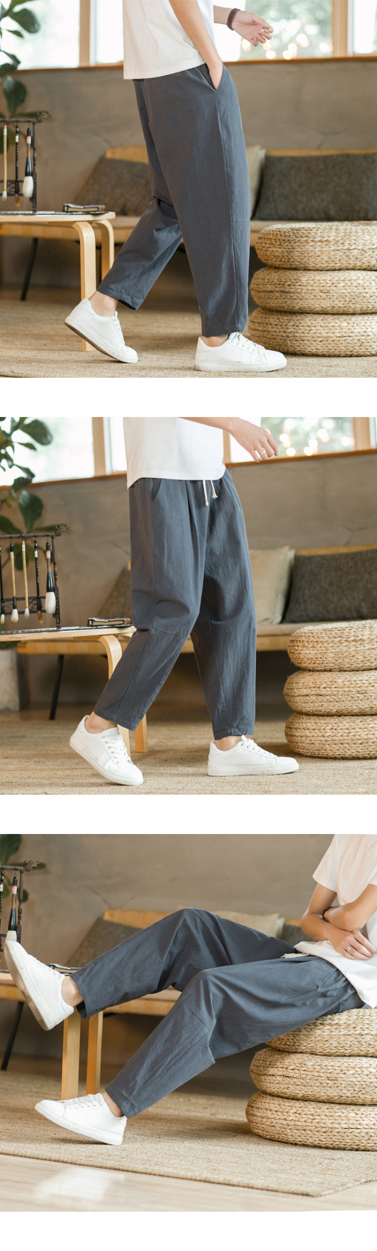 Men’s Cotton Linen Casual Pants, Breathable Straight-Leg Drawstring Trousers