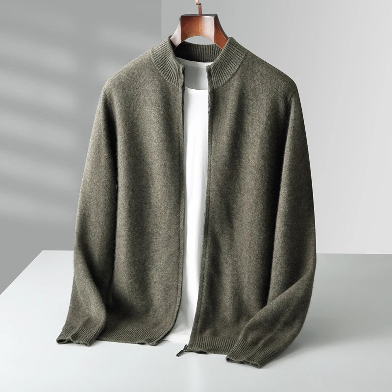 Men’s Merino Wool Sweater – Thick Zippered Mock Collar Cardigan