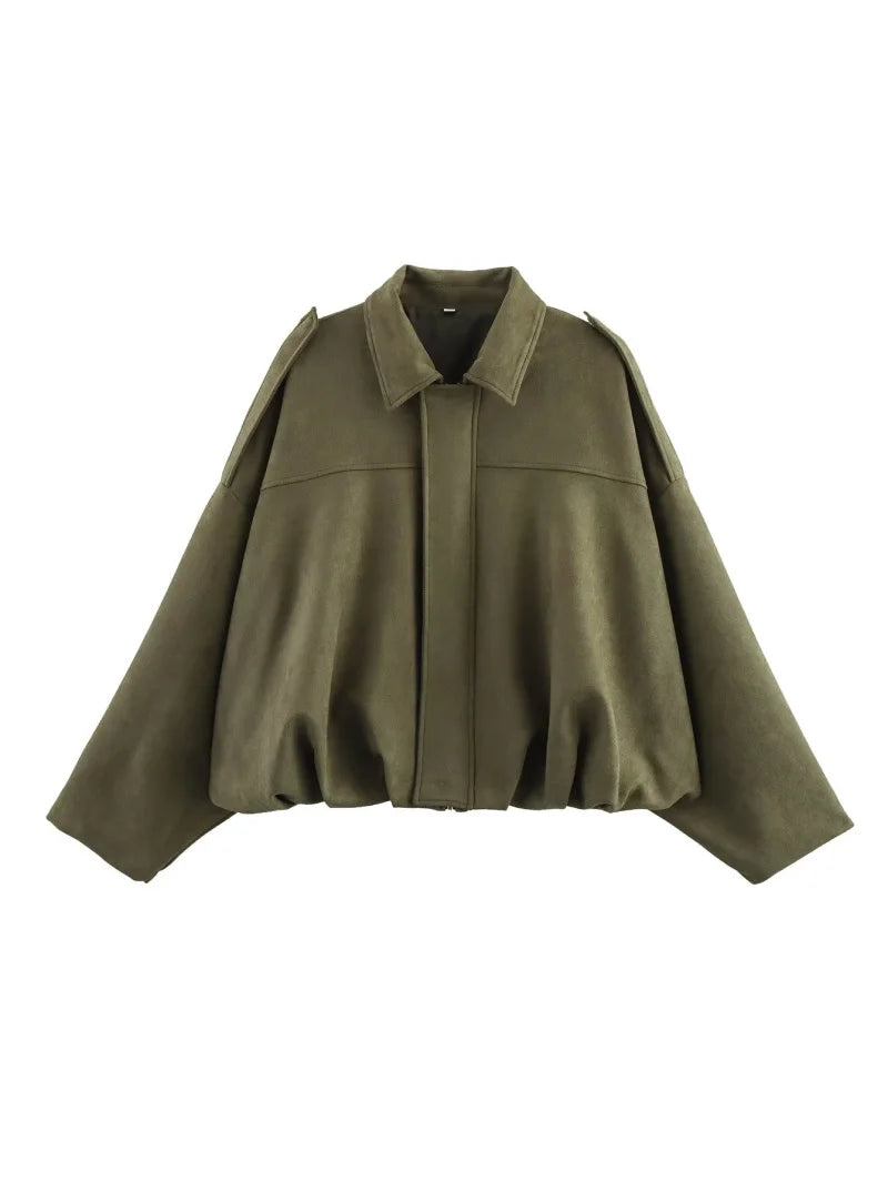 Women’s Suede Bomber Jacket – Loose Fit Lapel Spring 2025