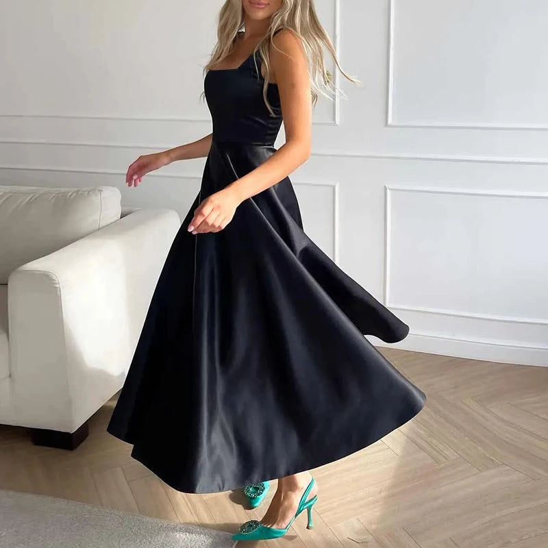 Women’s Satin Maxi Sundress – Square Neck Summer Party Dress