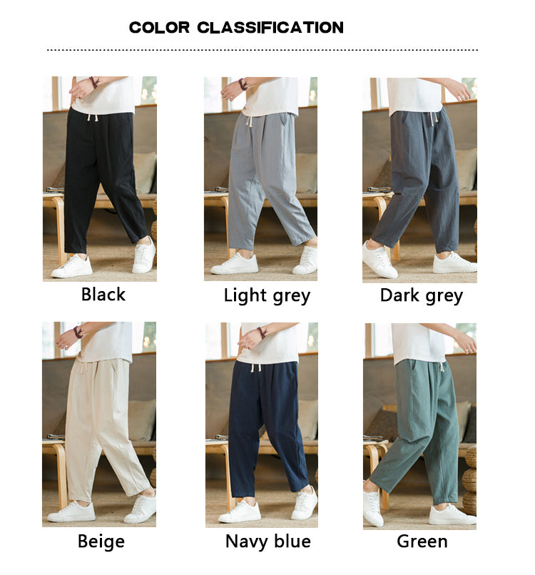 Men’s Cotton Linen Casual Pants, Breathable Straight-Leg Drawstring Trousers