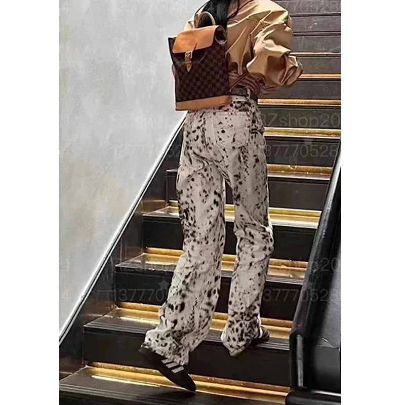 Women’s Leopard Print Jeans – High Waisted Wide Leg Denim