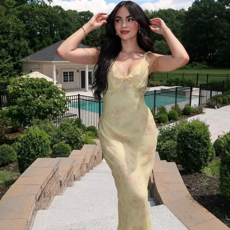 Women’s Floral Plunge Maxi Dress – Backless Summer Beachwear