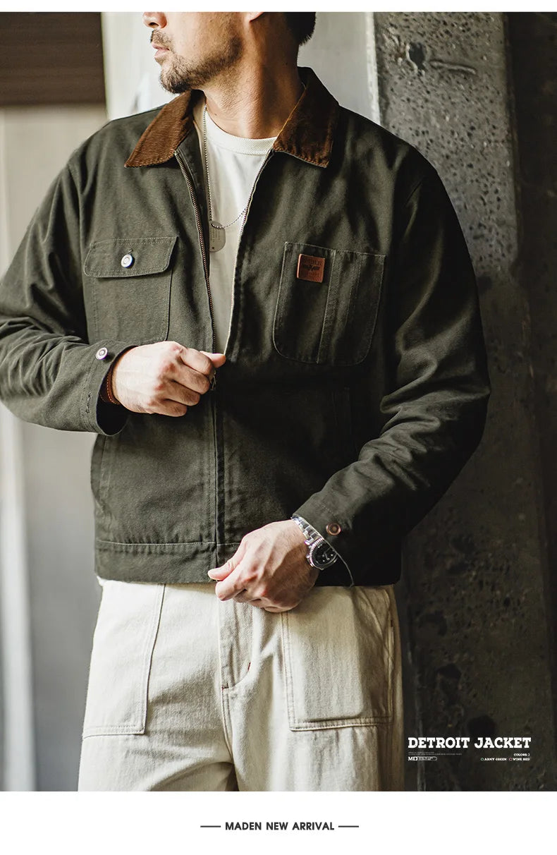 Men’s Retro Canvas Jacket – Heavyweight Detroit Zip-Up with Corduroy Collar