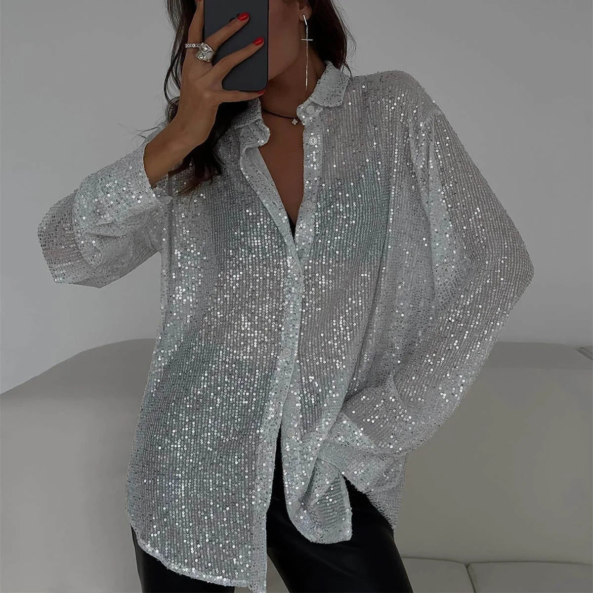 Women’s Sequin Blouse – Silver Glitter Long Sleeve Party Shirt