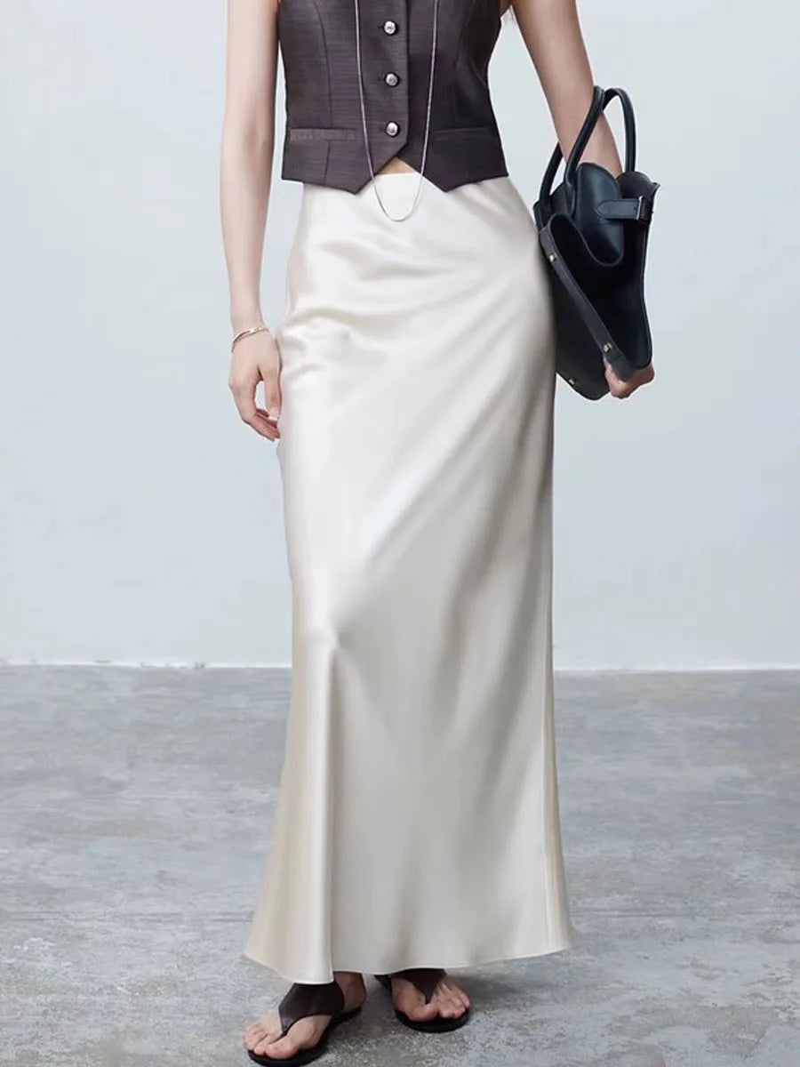Women’s Black Satin Midi Skirt, High Waist Elegant Summer Office Wear