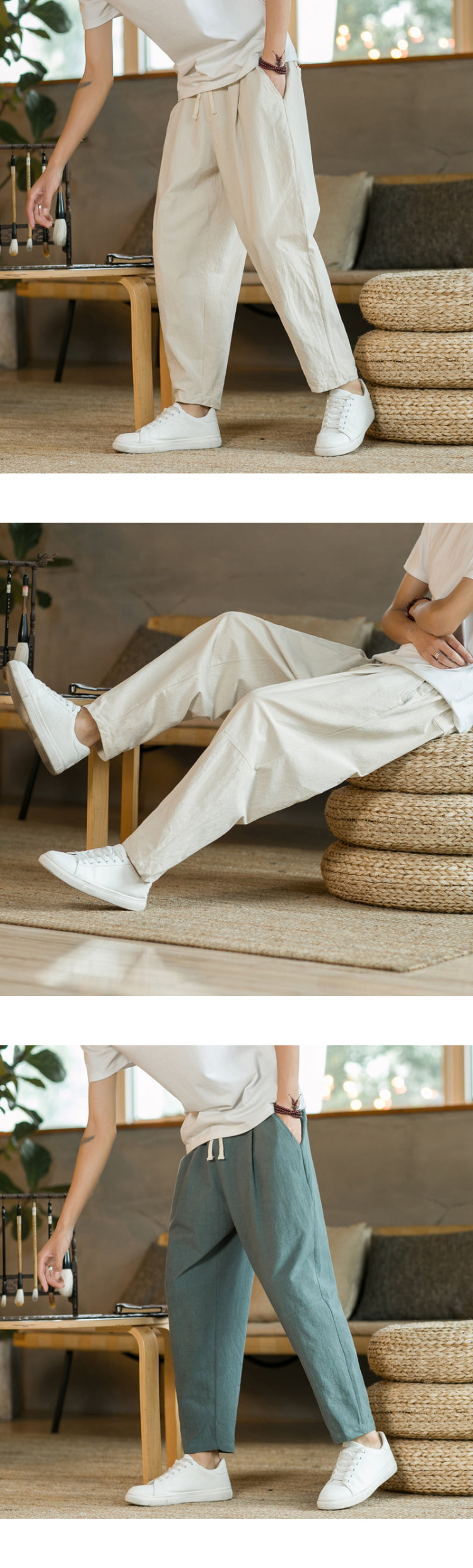 Men’s Cotton Linen Casual Pants, Breathable Straight-Leg Drawstring Trousers