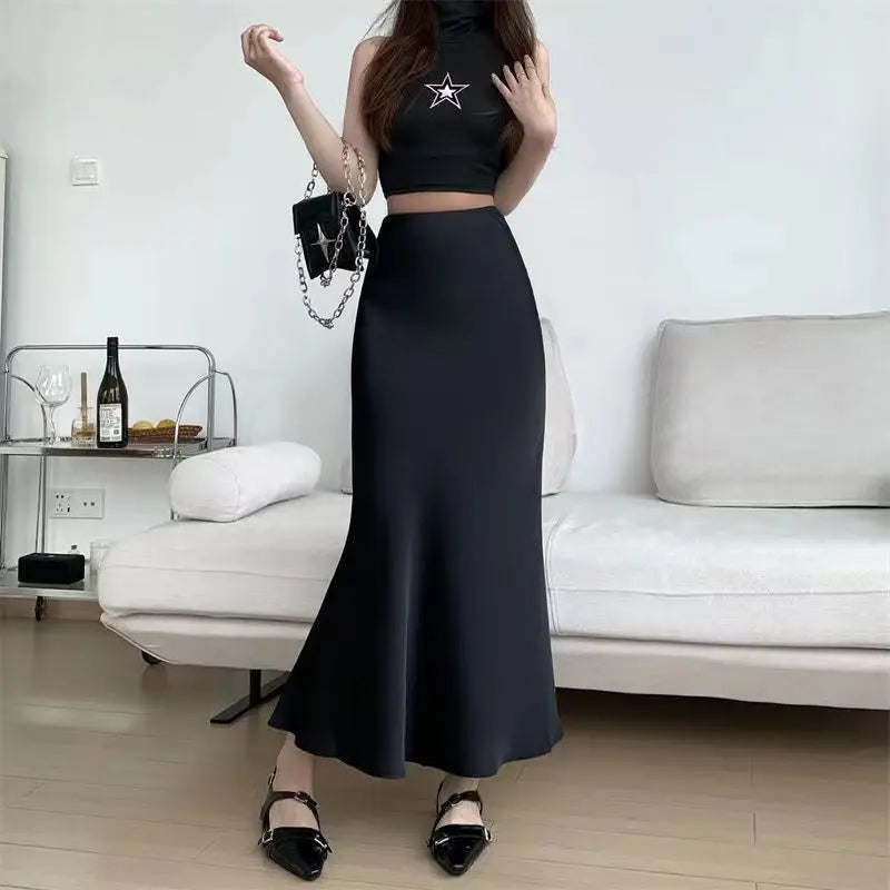 Women’s Black Satin Midi Skirt, High Waist Elegant Summer Office Wear